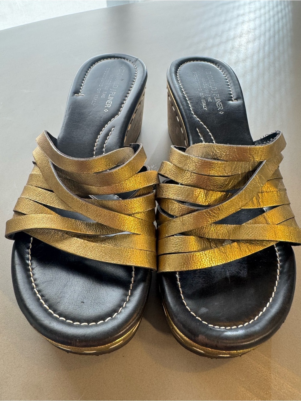 Donald J Pliner Italy Bronze Gold Wedge Slides Strappy Sandals 7.5
